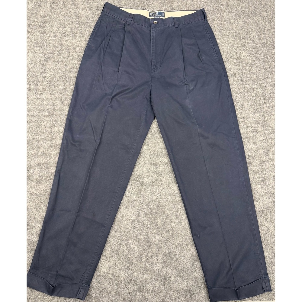 Polo Ralph Lauren Hammond Pant Mens 36x29 Navy Blue Pleated Cuffed Trousers